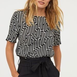 GP & J Baker X H&M Black & Ivory Geometric Print Blouse Top